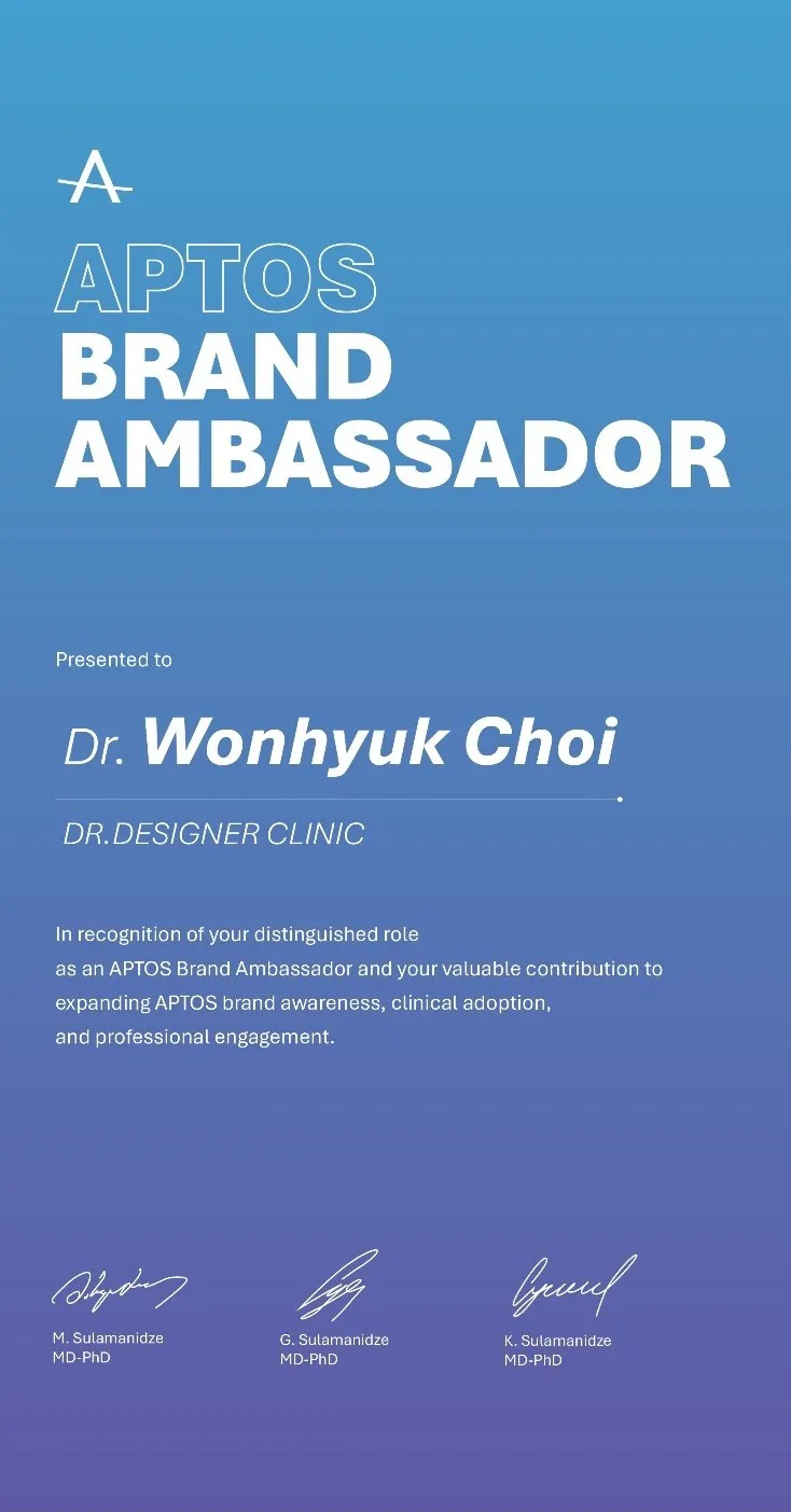 APTOS Brand Ambassador 證書 · 頒發給 Dr. Choi Wonhyuk（Dr.Designer Clinic）· 2026