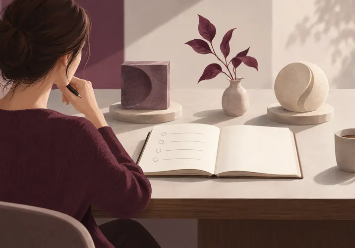概念插畫：女子坐在桌前，翻開筆記本思考安排