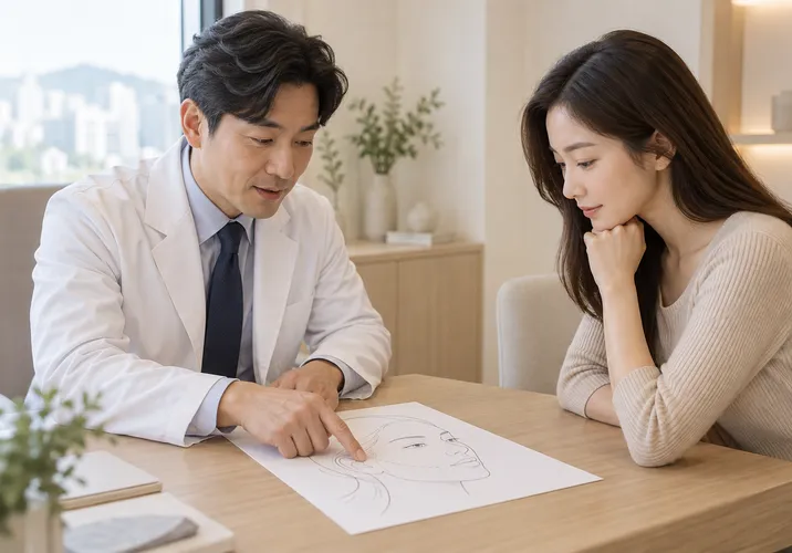 診間：院長指著臉部線條圖說明部位 · Dr. Designer Clinic